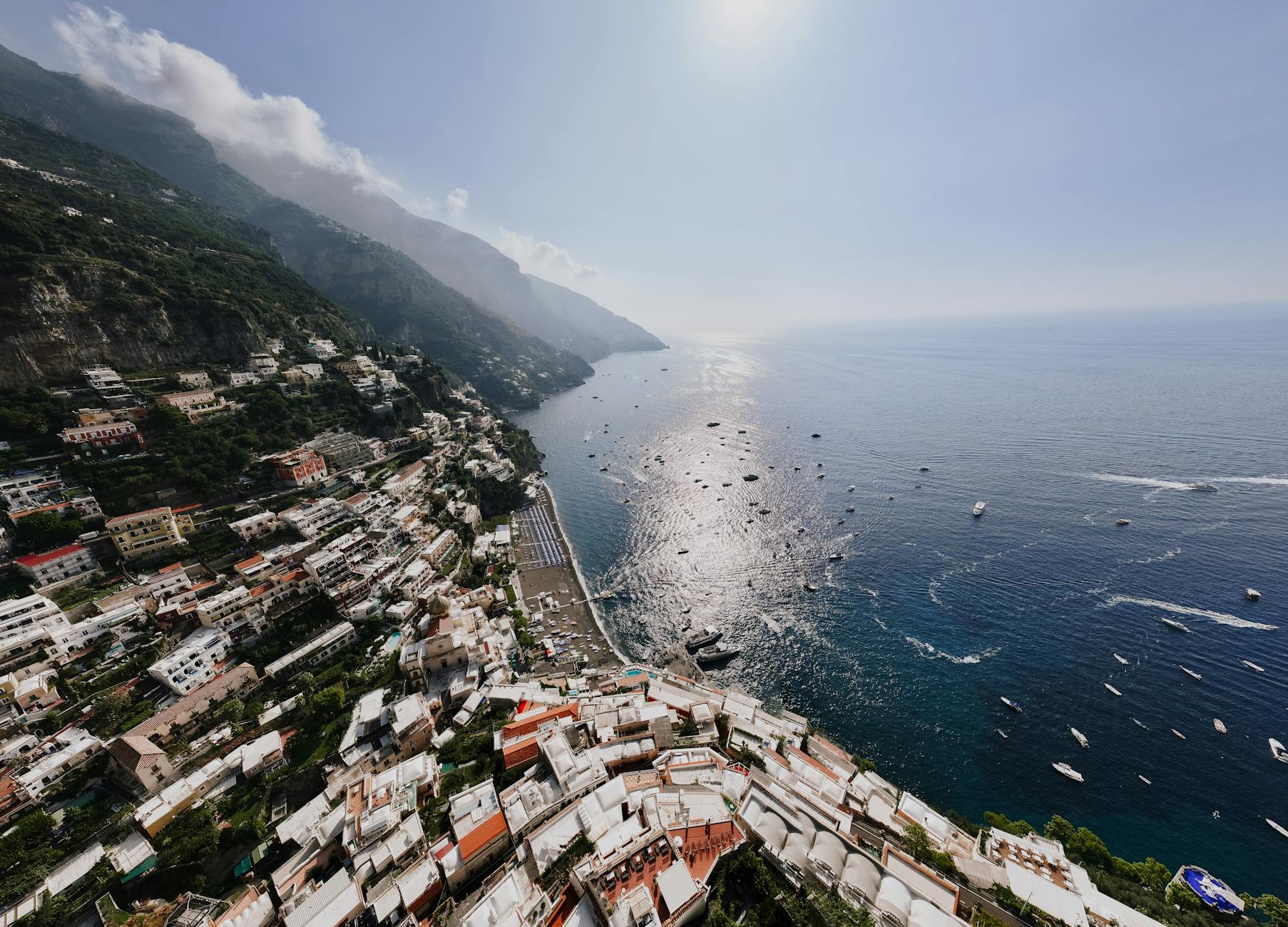 Positano village on the Amalfi Coast, Italy, with cliffs and Mediterranean sea